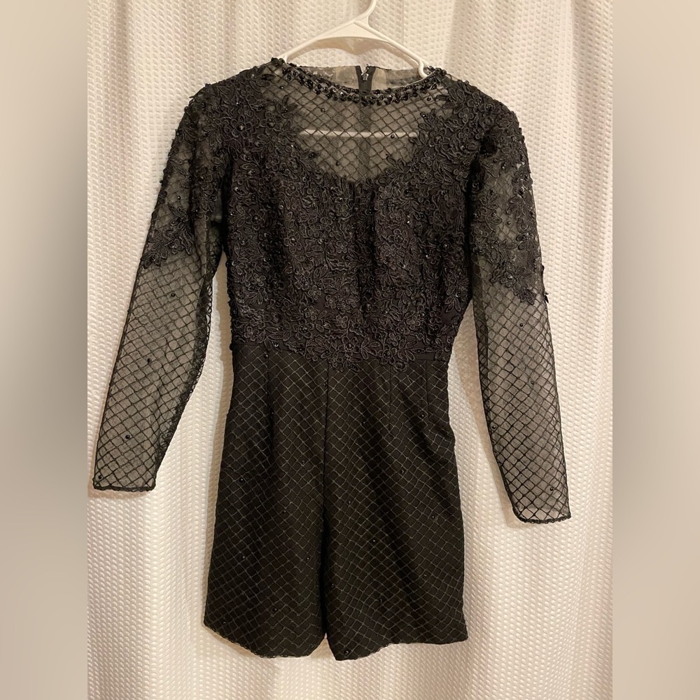 Dark Romantic Gothic Black Lace & Beaded Long Sleeve Romper Size Small